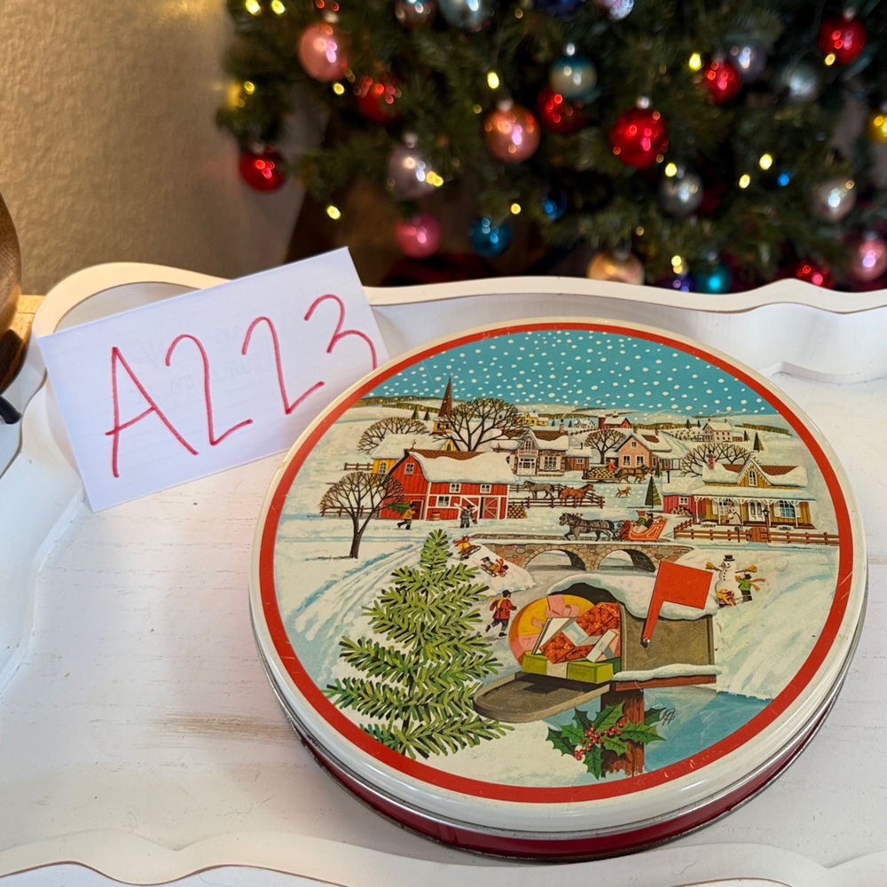 Vintage Festive Holiday Tin with Winter Scene